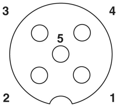 Расположение контактов розетки М12, 5-полюсная, с механическим ключом А-типа, вид со стороны гнездовой части