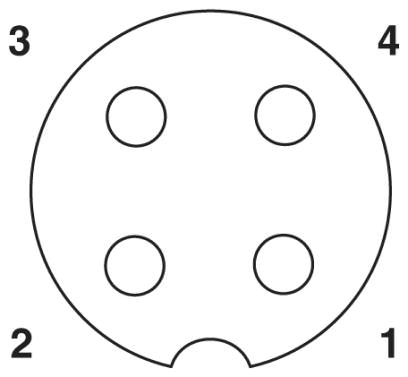 Расположение контактов гнездового разъема М12, 4 контакта, с механическим ключом А-типа, вид со стороны гнездовой части