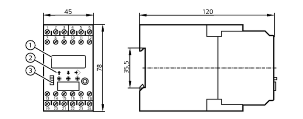 1: LCD-дисплей; 7/14-сегментный<br/>2: Кнопки для программирования<br/>3: светодиод 