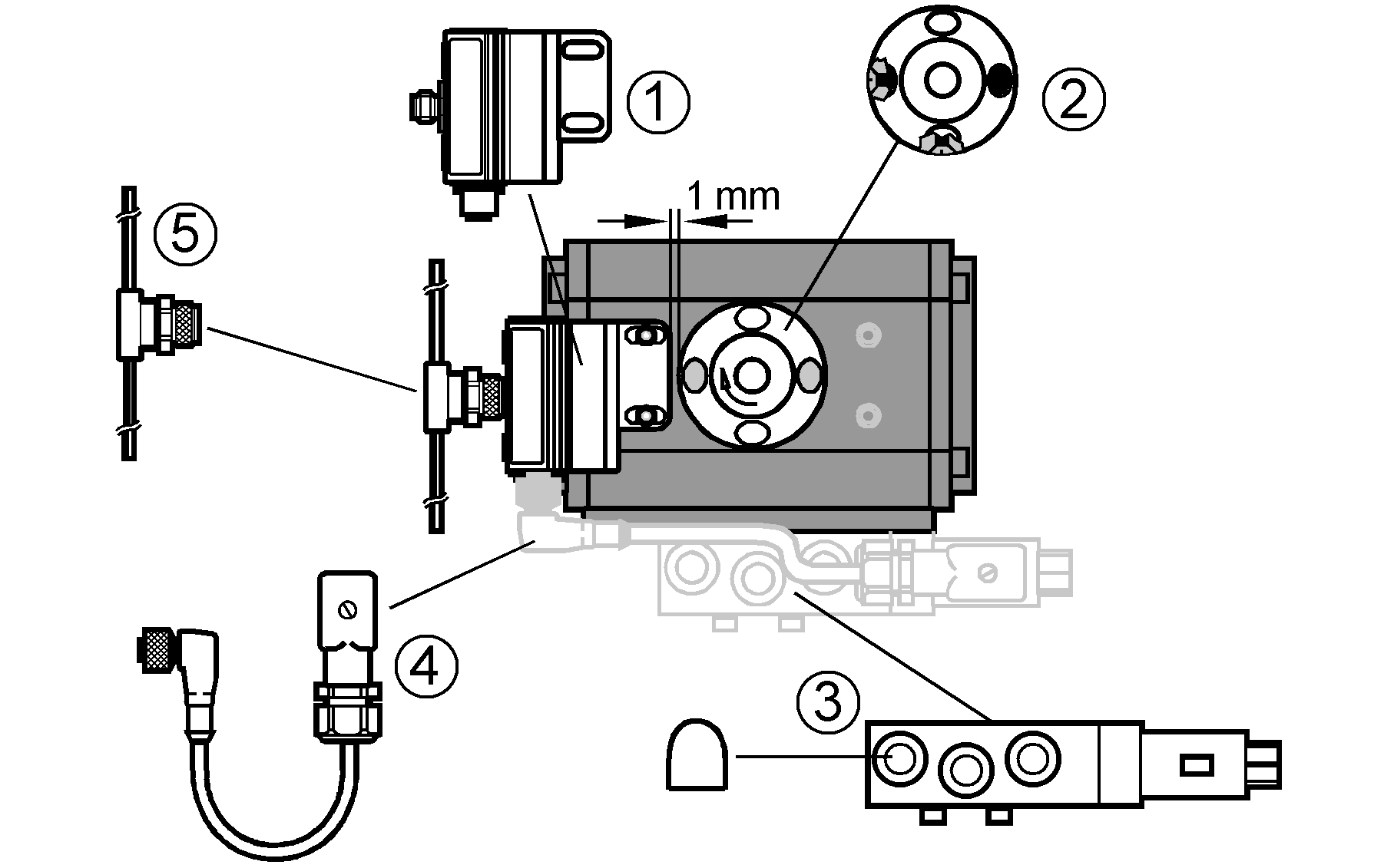 1: T5 Соединение (Bestell-Nr. AC2316)<br/>2: Насадка (номер для заказа E17327)<br/>3: Соленоидный клапан 6517 ф.Bürkert и 2 глушителя 780780N<br/>4: Соединительный кабель T5 и штепсель для клапана (номер для заказа E10844)<br/>5: Ответвитель для плоского кабеля T5 / AS-i (номер для заказа E70271)