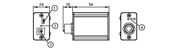 1: Разъем USB (Mini-B)<br/>2: светодиодный индикатор для отображения рабочего состояния<br/>3: 24 V DC<br/>4: Ошибка / CH2 (DI/DO) / CH1 (C/Q) 