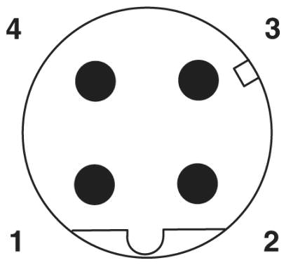 Расположение контактов гнездовой части М12, 4 контакта, с механическим ключом типа D, вид со стороны гнезда