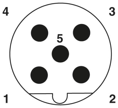 Расположение контактов штыревой части М12, 5 контакта, с механическим ключом типа В, вид со стороны штыревых контактов