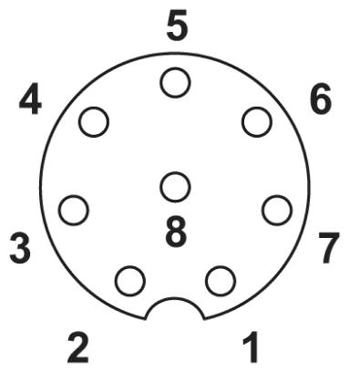 Расположение контактов штекера М8, 8 контактов, вид со стороны штыревой части