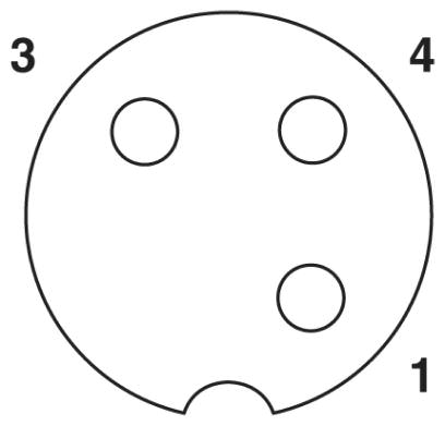 Расположение контактов гнездового разъема М12, 3 контакта, с механическим ключом А-типа, вид со стороны гнездовой части