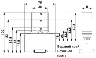 1 = верхний край печатной платы <br/>B = ширина корпуса