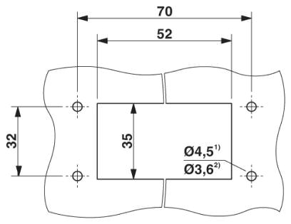 Монтажный вырез<br/>1) при применении стандартного винта M4<br/>2) при применении самонарезающих винтов (Torx® 20, M4)