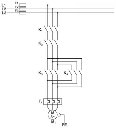 Стандартная схема соединения<br/>Цепь питания реверсивного контактора кат. 3<br/><br/>K1 + K2 = контактор авар. останова<br/>K3 = контактор для пуска против час. стр.<br/>K4 = контактор для пуска по час. стр.<br/>F4 = реле защиты электродв-ля