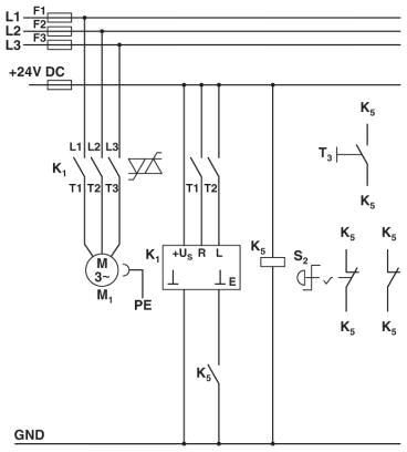 Схема с контактором CONTACTRON<br/>Цепь питания и управления гибридного пускателя электродв-ля с функцией реверсирования <sup>,</sup>4 в 1<sup>,</sup> категории 3<br/>K1 = Гибридный пускатель электродв-ля с функцией реверсирования <sup>,</sup>4 в 1<sup>,</sup><br/>K5 = PSR SCP-24DC.../реле безопасности<br/>T1 = по час. стр., T2 = против час. стр., T3 = возврат в исх. состояние<br/>S2 = авар. останов