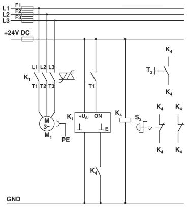 Схема с контактором CONTACTRON<br/>Цепь питания и управления гибридного пускателя электродвигателя <sup>,</sup>3 в 1<sup>,</sup> категории 3<br/>K1 = Гибридный пускатель электродвигателя <sup>,</sup>3 в 1<sup>,</sup><br/>K4 = PSR SCP-24DC.../ реле безопасности<br/>T1 = по часовой стрелке, T3 = сброс<br/>S2 = аварийный останов