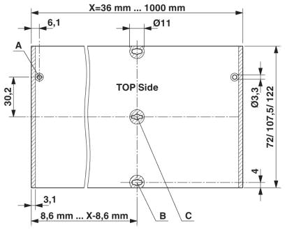 A=отверстие для опционального PE-контакта; B=для опционального фиксатора печатной платы S-Lock на верхнем уровне; C=для опционального фиксатора печатной платы C-Lock (все уровни)