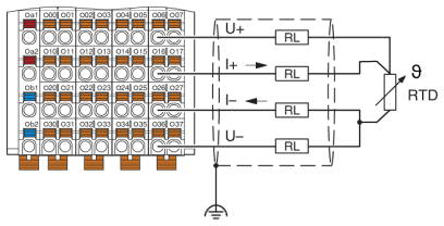 Пример подключения: с 4 проводниками для 3-проводного датчика с очень длинными подводящими проводами (> 100 м)