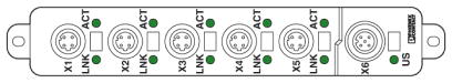 X1-X5: Подключение через интерфейс Ethernet<br/>X6 : Электропитание<br/>ACT : светодиоды ACT<br/>LNK : светодиод Link<br/>US : U<sub>S1</sub> Светодиод