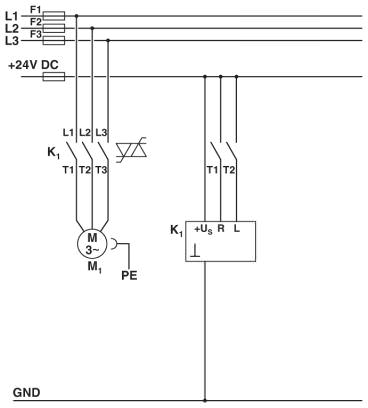 Схема с контактором CONTACTRON<br/>Цепь питания и управления гибридного пускателя электродвигателя <sup>,</sup>3 в 1<sup>,</sup><br/>K1 = Гибридный пускатель электродв-ля <sup>,</sup>3 в 1<sup>,</sup><br/>T1 = по ч. стр., T2 = против ч. стр.