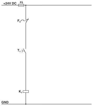 Станд. схема соединения<br/>Цепь управления контактора<br/>K1 = контактор для пуска по ч. стр.<br/>T1 = по ч. стр.<br/>F4 = реле защиты электродв-ля