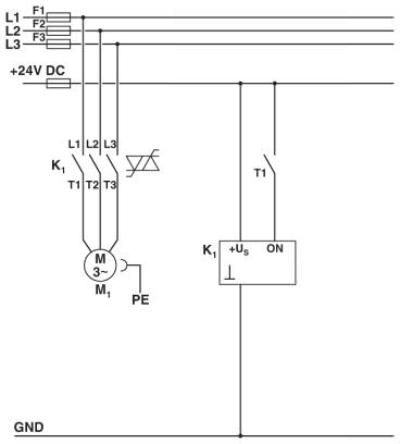 Схема с контактором CONTACTRON<br/>Цепь питания и управления гибридного пускателя электродвигателя <sup>,</sup>2 в 1<sup>,</sup><br/>K1 = Гибридный пускатель электродв-ля <sup>,</sup>2 в 1<sup>,</sup><br/>T1 = по ч. стр.