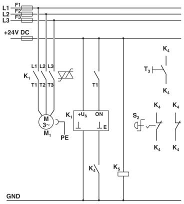 Схема с контактором CONTACTRON<br/>Цепь питания и управления гибридного пускателя электродвигателя <sup>,</sup>2 в 1<sup>,</sup> категории 3<br/>K1 = Гибридный пускатель электродвигателя<sup>,</sup>2 в 1<sup>,</sup><br/>K4 = PSR SCP-24DC.../ реле безопасности<br/>T1 = по часовой стрелке, T3 = сброс<br/>S2 = аварийный останов