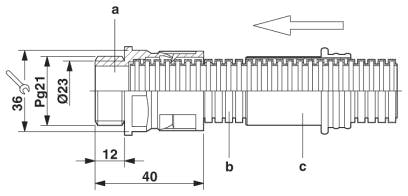 Инструкция по монтажу гофрированной трубки Pg21<br/>a = Резьбовой соединительный элемент для гофрированных трубок<br/>b = Гофрированная трубка<br/>c = Приспособление для демонтажа<br/>Указания по монтажу:<br/>Для получения круглого входного отверстия разрежьте гофрированную трубку по канавке. Более светлое уплотнение (на рисунке не показано) расположено на резьбовом соединительном элементе для гофрированных трубок под защелкой. Внешнее уплотнение, имеющее более темный цвет (на рисунке не показано), расположено снаружи на резьбовом соединительном элементе для гофрированных трубок. Плотно закрепите гофрированную трубку на резьбовом соединительном элементе. Для снятия трубки приспособление для демонтажа гофрированной трубки необходимо с достаточным усилием вставить между защелкой и трубкой и затем освободить трубку.