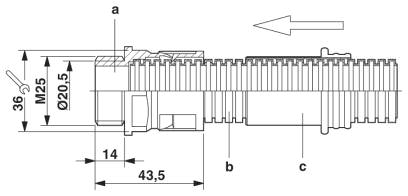 Инструкция по монтажу гофрированной трубки М25<br/>a = Резьбовой соединительный элемент для <br/>b = Гофрированная трубка<br/>c = Приспособление для демонтажа<br/>Указания по монтажу:<br/>Для получения круглого входного отверстия разрежьте гофрированную трубку по канавке. Более светлое уплотнение (на рисунке не показано) расположено на резьбовом соединительном элементе для гофрированных трубок под защелкой. Внешнее уплотнение, имеющее более темный цвет (на рисунке не показано), расположено снаружи на резьбовом соединительном элементе для гофрированных трубок. Плотно закрепите гофрированную трубку на резьбовом соединительном элементе. Для снятия трубки приспособление для демонтажа гофрированной трубки необходимо с достаточным усилием вставить между защелкой и трубкой и затем освободить трубку.