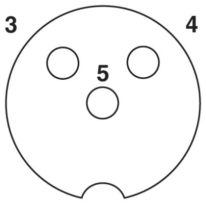 Расположение контактов гнездового разъема М12, 3 контакта, с механическим ключом А-типа, вид со стороны гнездовой части