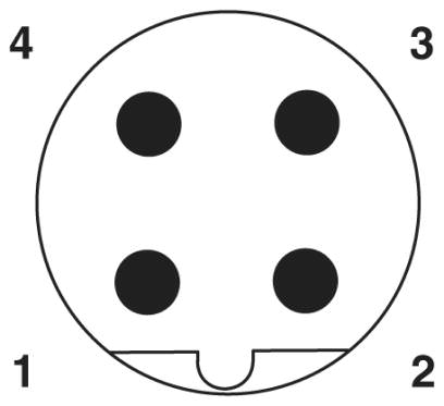 Расположение контактов штекера М12, 4 полюса, с механическим ключом типа В, вид со стороны штыревой части