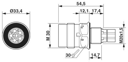 Размерный чертеж QPD W 5x2,5 M20 без гайки