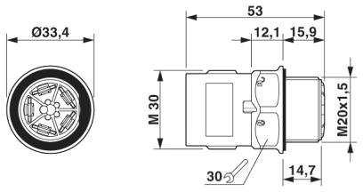 Размерный чертеж QPD W 5x2,5 M20 без гайки