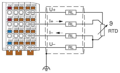 Пример подключения: с 4 проводниками для 3-проводного датчика с очень длинными подводящими проводами (> 100 м)