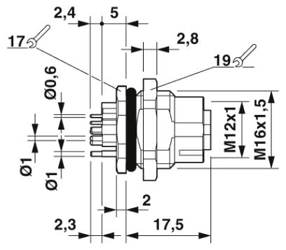 Встраиваемая розетка M12, подключение под углом 180°, длина контакта: 6 мм