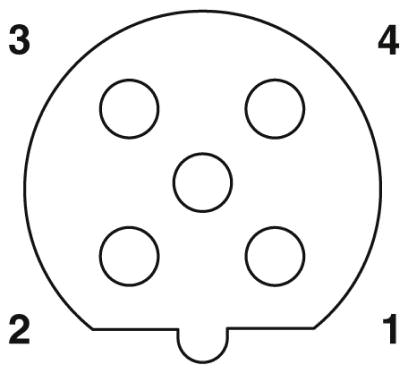Расположение контактов гнездового разъема М12, 4 контакта, с механическим ключом B-типа, вид со стороны гнездовой части