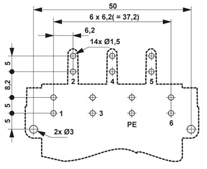 Схема расположения отверстий: DC-...PCB-90