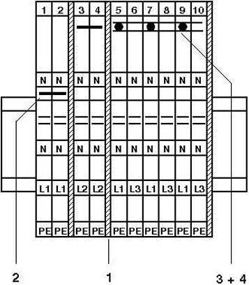 1 = Концевая крышка<br/>2 = Винтовой мостик<br/>3 = IИзолирующая полоска мостика<br/>4 = Изолирующая полоска