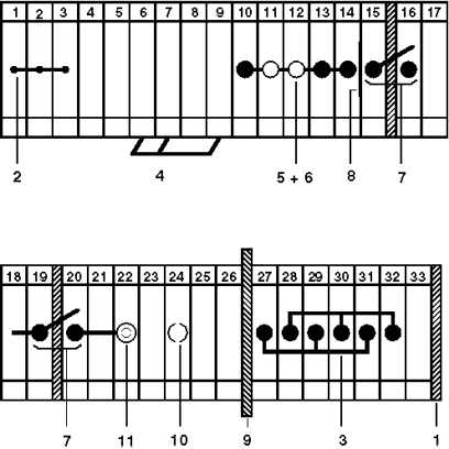 1 = Концевая крышка<br/>2 = Винтовой мостик<br/>3 = L-образный мостик<br/>4= Гребенчатый мостик<br/>5 = Изолирующая полоска мостика<br/>6 = Изолирующая полоска<br/>7 = Разъединяющийся мостик для 2 клемм<br/>8 = Разделительная пластина<br/>9 = Разделитель<br/>10 = Гнездо для щупа тестера MPS или для миниатюрного щупа тестера RPS<br/>11 = Гнездо для щупа тестера, изолированное, устанавливается только с FBI, ISSBI