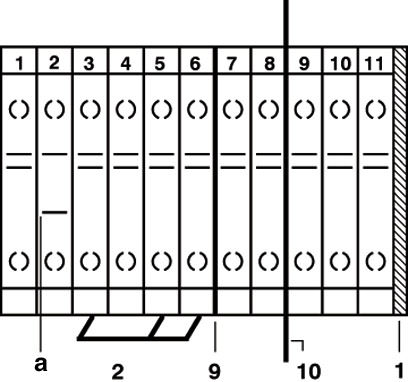 a = Открыто<br/>1 = Концевая крышка<br/>2 = Гребенчатый мостик<br/>9 = Перегородка<br/>10 = Разделительная перегородка