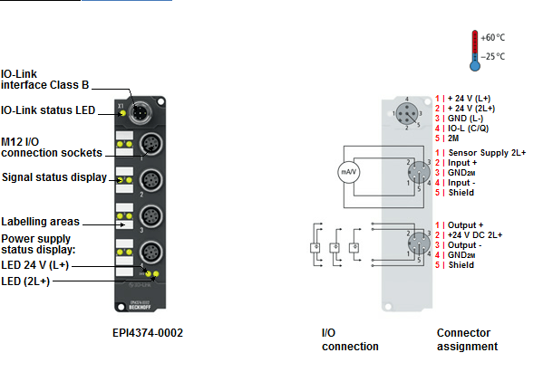 Beckhoff. IO Link Box, 2 аналоговых входа -10…+10 V или 0/4…20 мA, 2 аналоговых выхода -10…+10 V или 0/4…20 мA, программируемый, 16 бит, М12 - EPI4374-0002