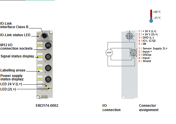 Beckhoff. IO Link Box, литой цинковый корпус, 4 аналоговых дифференциальных входа -10…+10 V или 0/4…20 мA, программируемый, 16 бит, М12 - ERI3174-0002