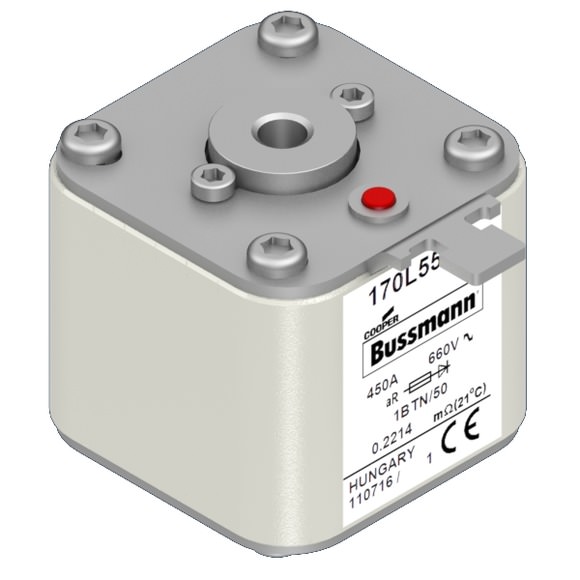 Bussmann. Предохранитель, высокая скорость, 450 A, AC 660 V, Size 1, 53 x 53 x 51 мм, aR, IEC, одинарный индикатор - 170L5551