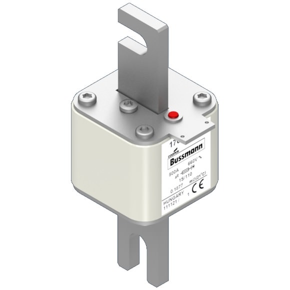 Bussmann. Предохранитель, высокая скорость, 500 A, AC 660 V, Size 1, 51 x 51 x 138 мм, aR, IEC, одинарный индикатор - 170L5701