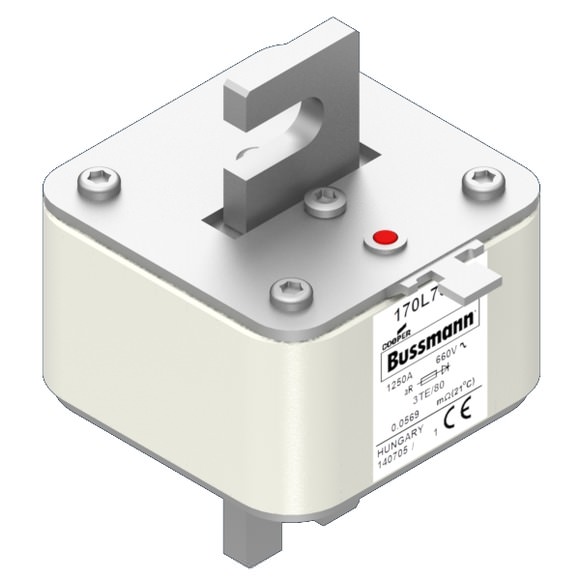 Bussmann. Предохранитель, высокая скорость, 1250 A, AC 660 V, Size 3, 76 x 90 x 111 мм, aR, DIN, IEC, одинарный индикатор - 170L7008