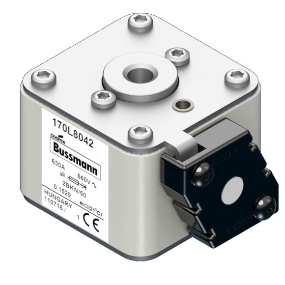 Bussmann. Предохранитель, высокая скорость, 630 A, AC 660 V, Size 2, 59 x 77 x 50 мм, aR, IEC, одинарный индикатор - 170L8042
