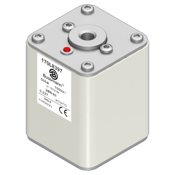 Bussmann. Предохранитель, высокая скорость, 500 A, AC 1000 V, Size 2, 61 x 61 x 80 мм, aR, IEC, одинарный индикатор - 170L8397