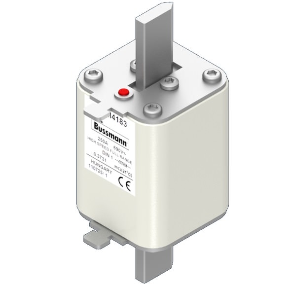 Bussmann. Предохранитель, высокая скорость, 250 A, AC 690 V, DIN 1, 52 x 66 x 135 мм, gR, DIN, IEC, одинарный индикатор - 170M4183