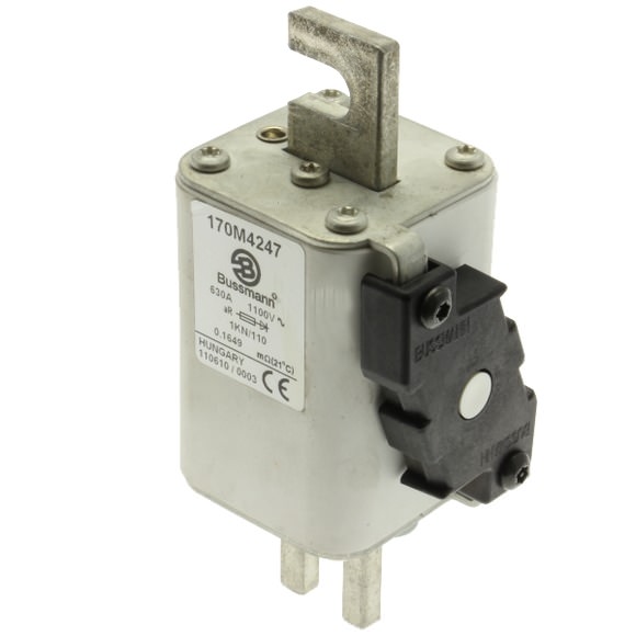 Bussmann. Предохранитель, высокая скорость, 630 A, AC 1100 V, size 1, 53 x 69 x 138 мм, aR, DIN, IEC, одинарный индикатор - 170M4247