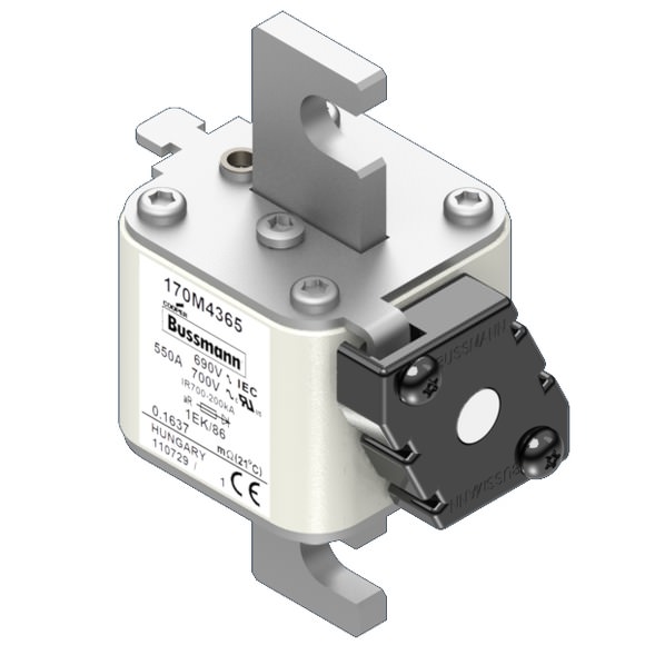 Bussmann. Предохранитель, высокая скорость, 550 A, AC 690 V, size 1, 53 x 69 x 111 мм, aR, IEC, одинарный индикатор - 170M4365