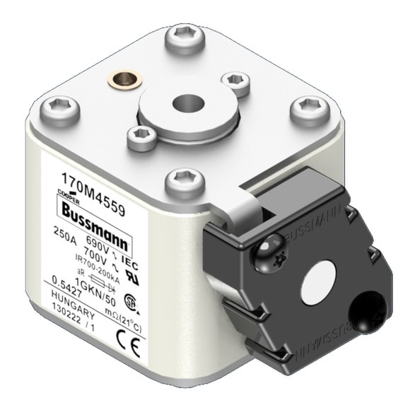 Bussmann. Предохранитель, высокая скорость, 250 A, AC 690 V, size 1, 53 x 69 x 51 мм, aR, IEC, одинарный индикатор - 170M4559