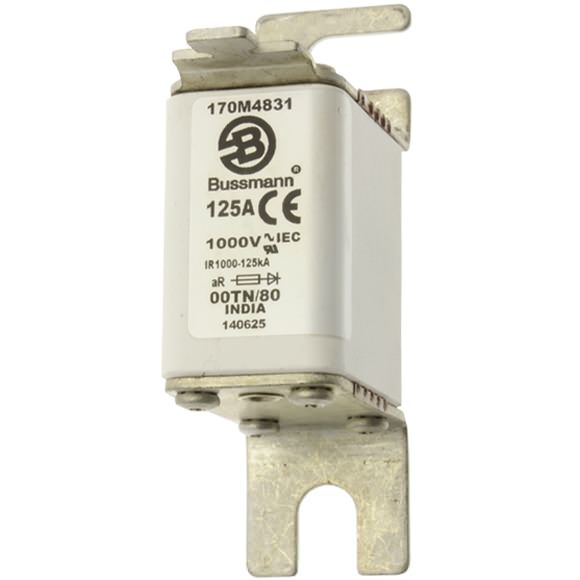 Bussmann. Предохранитель, высокая скорость, 100 A, AC 1000 V, size 00, 30 x 47 x 98 мм, aR, DIN, IEC, одинарный индикатор - 170M4830