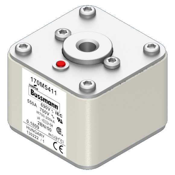 Bussmann. Предохранитель, высокая скорость, 550 A, AC 690 V, size 2, 61 x 77 x 51 мм, aR, IEC, UL, одинарный индикатор - 170M5411
