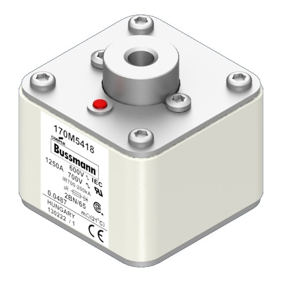 Bussmann. Предохранитель, высокая скорость, 1250 A, AC 600 V, size 2, 61 x 77 x 65 мм, aR, IEC, UL, одинарный индикатор - 170M5418