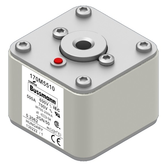 Bussmann. Предохранитель, высокая скорость, 500 A, AC 690 V, size 2, 61 x 77 x 51 мм, aR, IEC, UL, одинарный индикатор - 170M5510