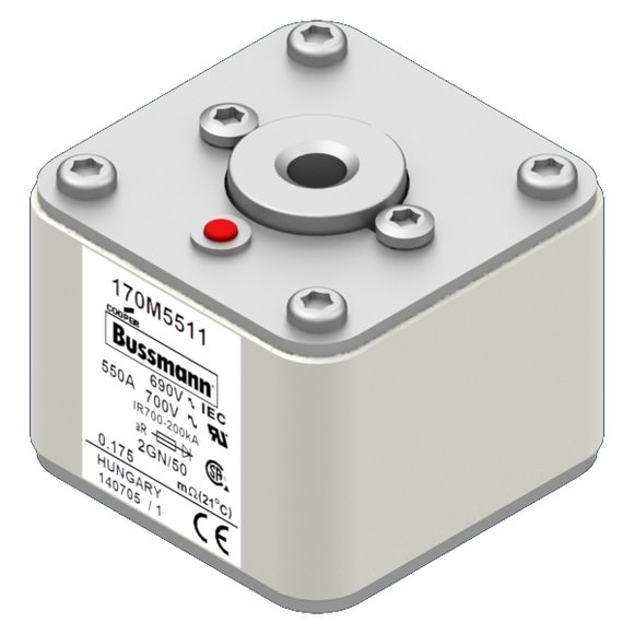 Bussmann. Предохранитель, высокая скорость, 550 A, AC 690 V, size 2, 61 x 77 x 51 мм, aR, IEC, UL, одинарный индикатор - 170M5511